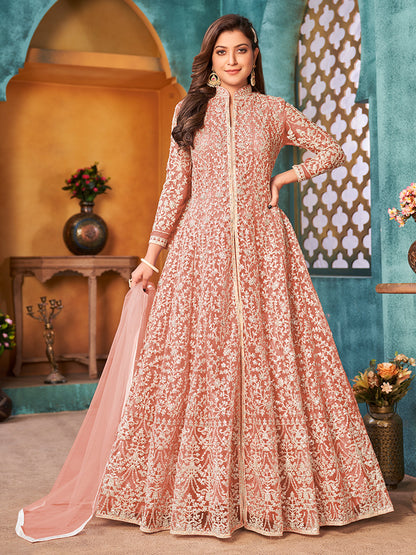 Rajwada Peach Net  Embroidered Semi stitched Kurta Set with Inner For Women
