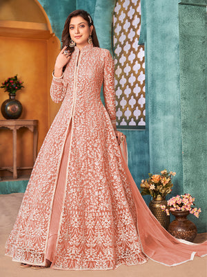 Rajwada Peach Net  Embroidered Semi stitched Kurta Set with Inner For Women