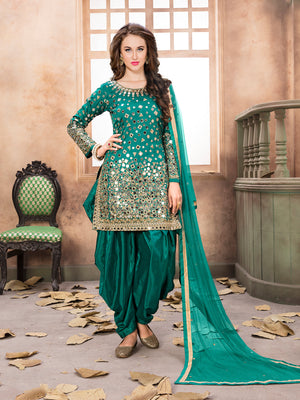 Rajwada Teal Tafeta Embellished Semi stitched Kurta Set For Women