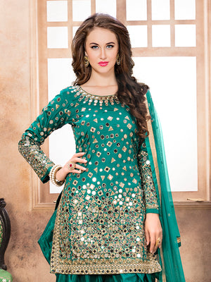 Rajwada Teal Tafeta Embellished Semi stitched Kurta Set For Women