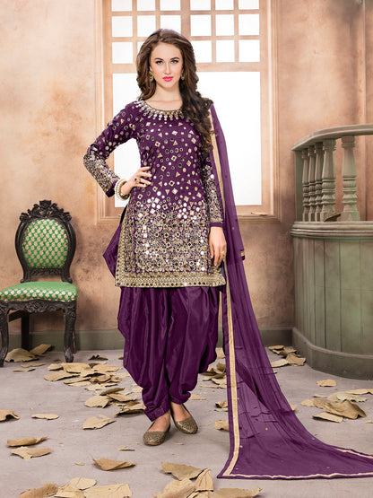 Rajwada Purple Tafeta Embellished Semi stitched Kurta Set For Women