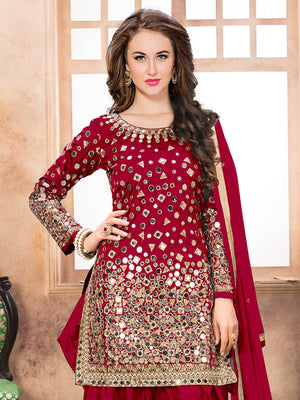 Rajwada Red Tafeta Embellished Semi stitched Kurta Set For Women