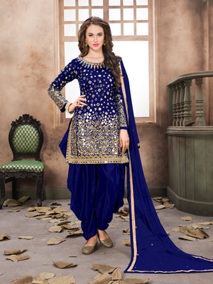 Rajwada Royal Blue Tafeta Embellished Semi stitched Kurta Set For Women