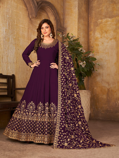 Rajwada Purple Georgette Embroidered Semi stitched Kurta Set For Women