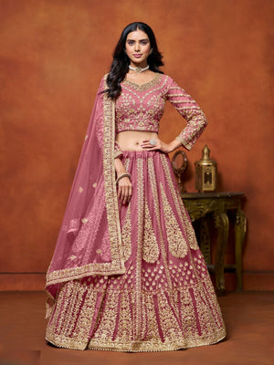 Rajwada Dusty Pink Net Embellished Lehenga For Women