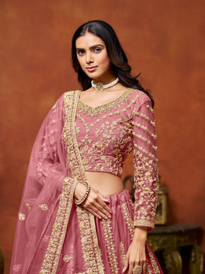Rajwada Dusty Pink Net Embellished Lehenga For Women