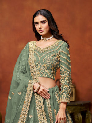 Rajwada Dusty Green Net Embellished Lehenga For Women