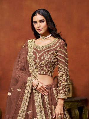 Rajwada Brown Net Embellished Lehenga For Women