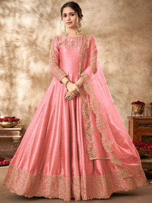Rajwada Pink Silk Embroidered Semi stitched Kurta Set For Women
