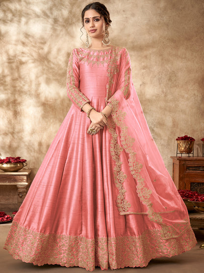Rajwada Pink Silk Embroidered Semi stitched Kurta Set For Women