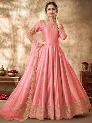 Rajwada Pink Silk Embroidered Semi stitched Kurta Set For Women