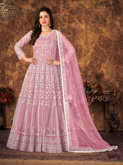 Rajwada Light Purple Net Embroidered Semi stitched Kurta Set with Inner For Women