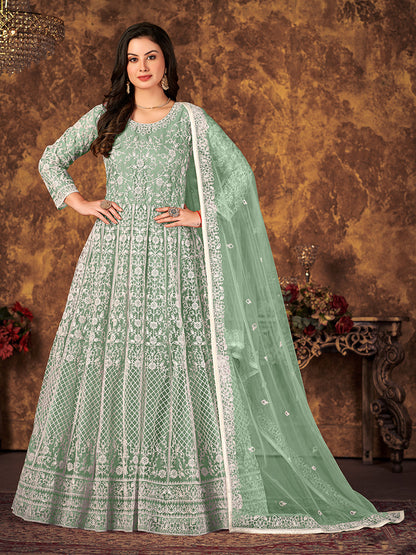 Rajwada Green Net Embroidered Semi stitched Kurta Set with Inner For Women