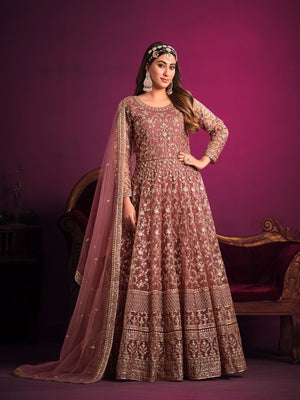 Rajwada Mauve Net Embroidered Semi stitched Kurta Set With Inner For Women
