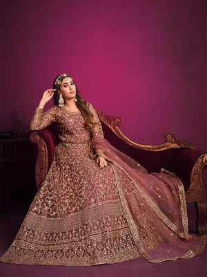 Rajwada Mauve Net Embroidered Semi stitched Kurta Set With Inner For Women