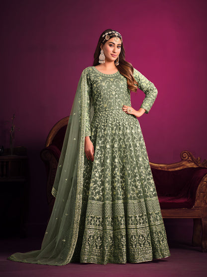 Rajwada Light Green Net Embroidered Semi stitched Kurta Set With Inner For Women