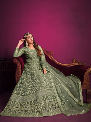 Rajwada Light Green Net Embroidered Semi stitched Kurta Set With Inner For Women
