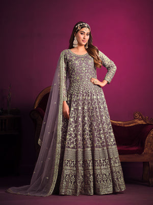 Rajwada Light Purple Net Embroidered Semi stitched Kurta Set With Inner For Women