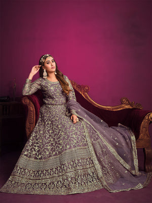 Rajwada Light Purple Net Embroidered Semi stitched Kurta Set With Inner For Women