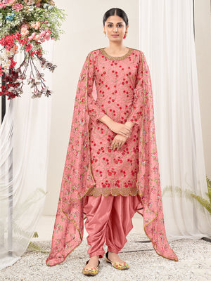 Rajwada Pink Net Embroidered Semi stitched Kurta Set With Inner For Women