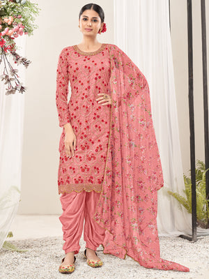 Rajwada Pink Net Embroidered Semi stitched Kurta Set With Inner For Women
