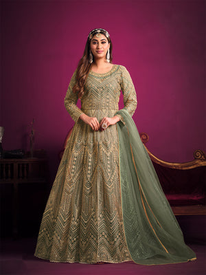 Rajwada Green Net  Embroidered Semi stitched Kurta Set With Inner For Women