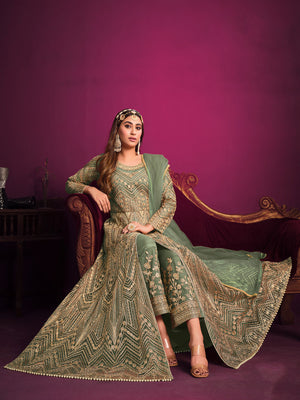 Rajwada Green Net  Embroidered Semi stitched Kurta Set With Inner For Women