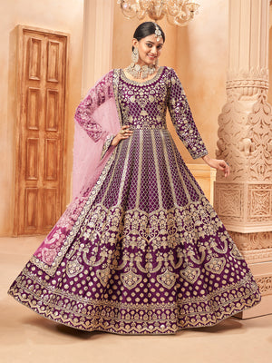 Rajwada Purple Art Silk Embroidered Semi stitched Kurta Set For Women