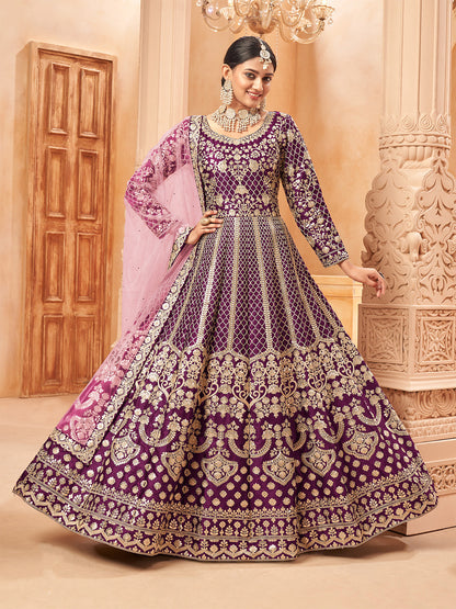 Rajwada Purple Art Silk Embroidered Semi stitched Kurta Set For Women