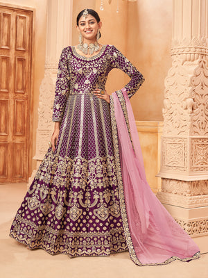 Rajwada Purple Art Silk Embroidered Semi stitched Kurta Set For Women