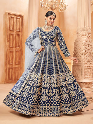 Rajwada Blue Art Silk Embroidered Semi stitched Kurta Set For Women