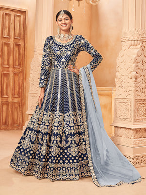 Rajwada Blue Art Silk Embroidered Semi stitched Kurta Set For Women