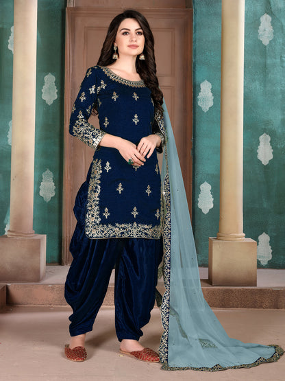 Rajwada Navy Blue Art Silk Embroidered Semi stitched Kurta Set with Inner For Women