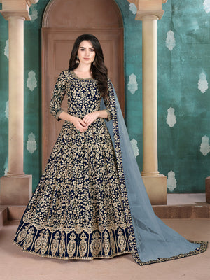 Rajwada Blue Georgette Embroidered Semi stitched Kurta Set For Women