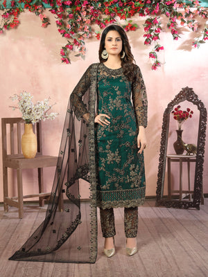 Rajwada Green Net Embroidered Semi stitched Kurta Set with Inner For Women