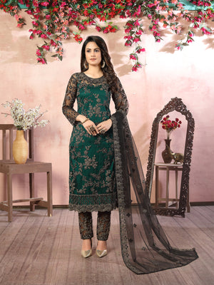 Rajwada Green Net Embroidered Semi stitched Kurta Set with Inner For Women