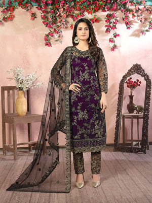 Rajwada Purple Net Embroidered Semi stitched Kurta Set with Inner For Women