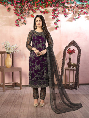 Rajwada Purple Net Embroidered Semi stitched Kurta Set with Inner For Women