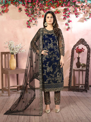 Rajwada Navy Blue Net Embroidered Semi stitched Kurta Set with Inner For Women