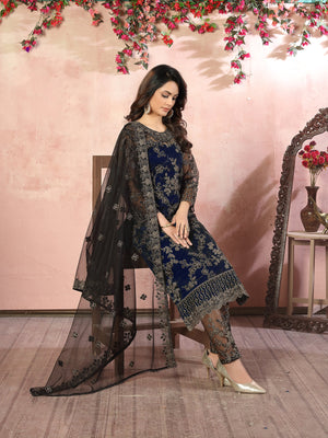 Rajwada Navy Blue Net Embroidered Semi stitched Kurta Set with Inner For Women