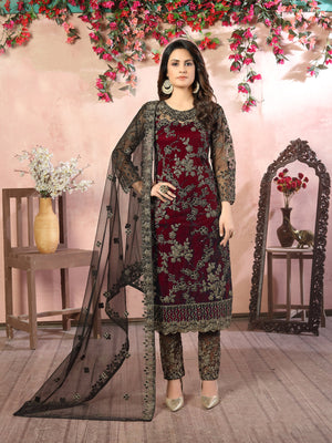 Rajwada Red Net Embroidered Semi stitched Kurta Set with Inner For Women