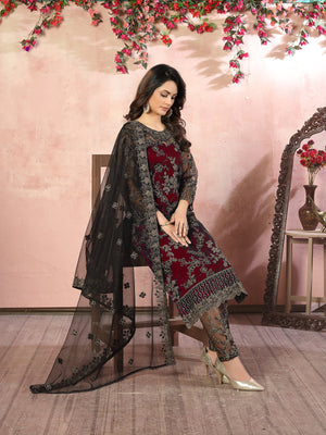 Rajwada Red Net Embroidered Semi stitched Kurta Set with Inner For Women