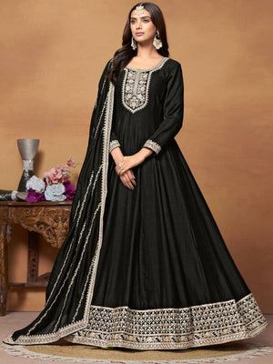Rajwada Black Embroidered Art Silk Unstitched Gown For Women