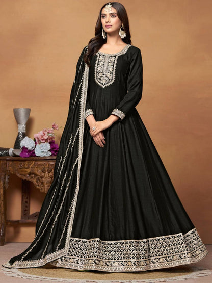 Rajwada Black Embroidered Art Silk Unstitched Gown For Women