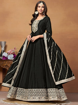 Rajwada Black Embroidered Art Silk Unstitched Gown For Women