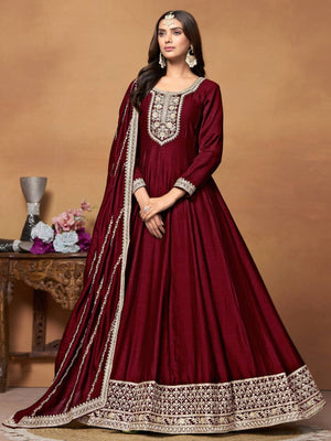 Rajwada Maroon Embroidered Art Silk Unstitched Gown For Women