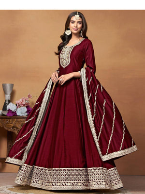 Rajwada Maroon Embroidered Art Silk Unstitched Gown For Women