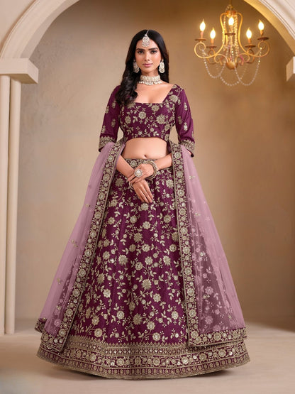 Rajwada Wine Silk Blend Embellished Lehenga For Women