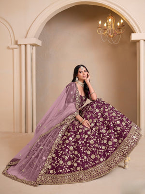 Rajwada Wine Silk Blend Embellished Lehenga For Women