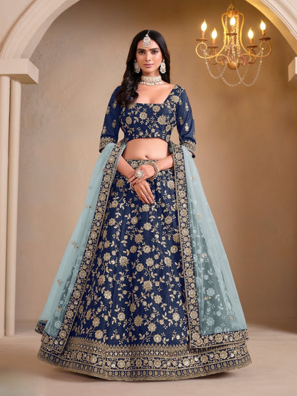 Rajwada Navy Blue Silk Blend Embellished Lehenga For Women